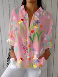 Women's Vintage Flowers Print Casual Linen V-neck Shirt