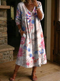 Women's Flower Print Casual Loose-fit Cotton-linen Dress With Lace Trim And Paneling