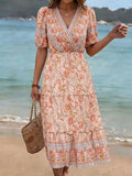Pastoral-style V-neck Midi Dress With Ruffled Trim And Floral Print