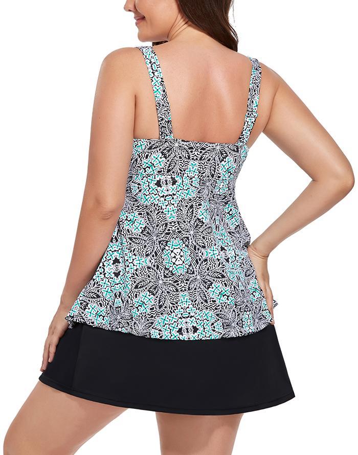 Black White Flower V-NECK Flowy Tankini With A-Line Swim Skirt