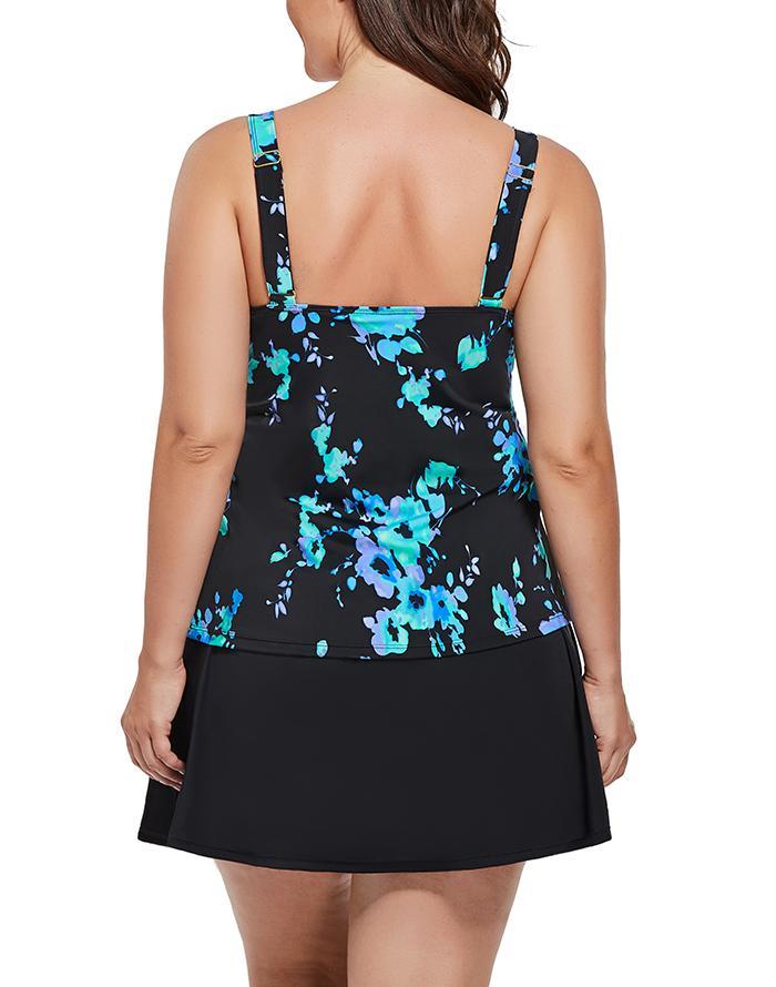 Black White Floral Faux Flyaway Underwire Tankini With Side Slit Swim Skirt