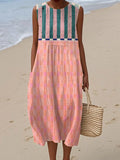 Women's Vintage Abstract Geometric Art Print Sleeveless Cotton Pocket Wrap Dress