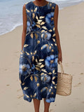 Women's Vintage Floral Art Print Sleeveless Cotton Pocket Wrap Dress