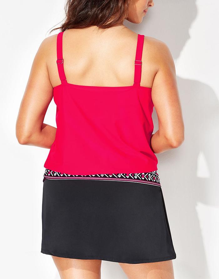 Red Loop Strap Blouson Tankini With A-Line Swim Skirt