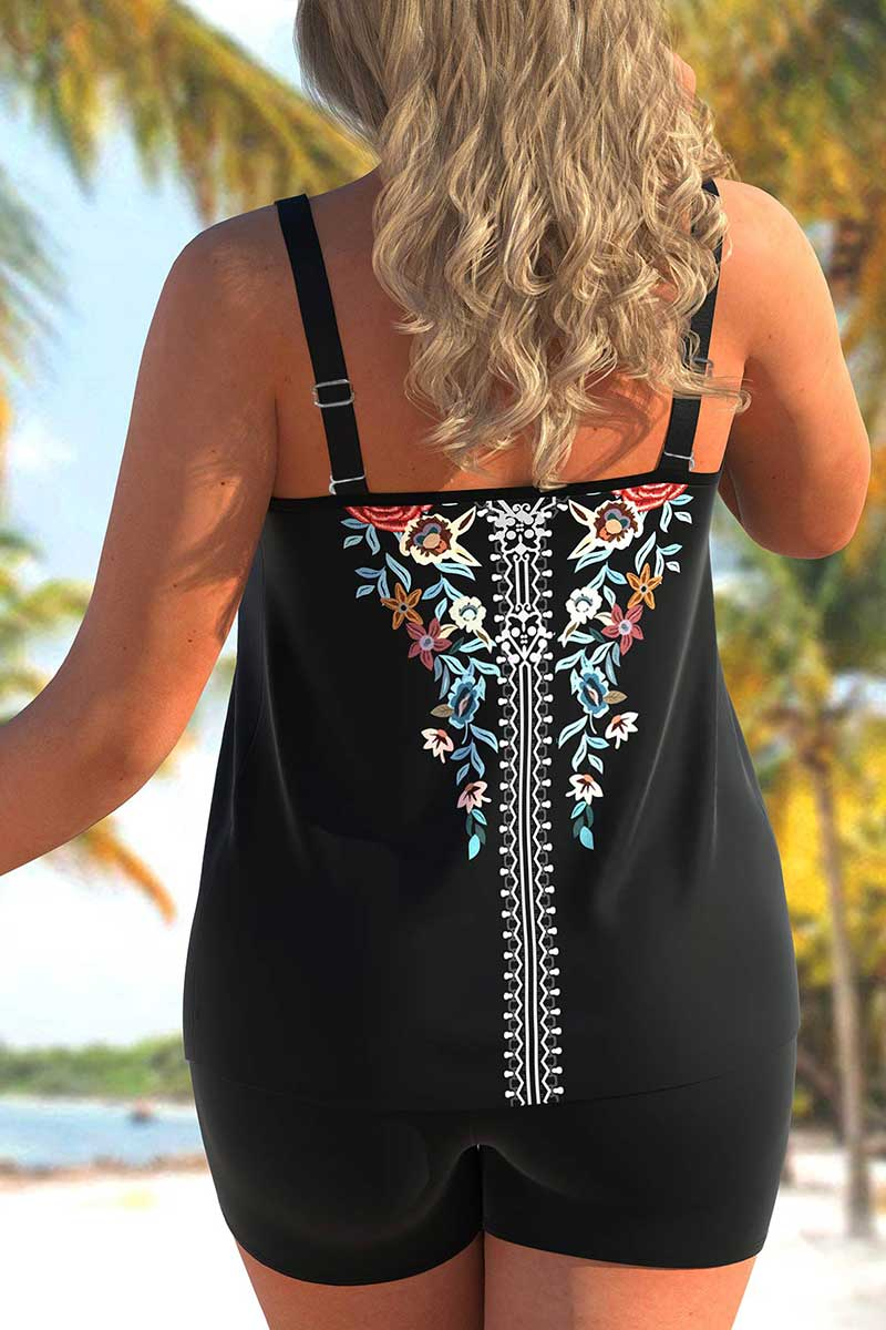 Tribal Print Double Straps Plus Size Tankini Set