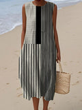 Women's Vintage Abstract Geometric Art Print Sleeveless Cotton Pocket Wrap Dress