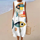 Women's Vintage Fish Art Print Sleeveless Cotton Pocket Wrap Dress