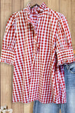 100% Cotton Green/Khaki/Red/Blue Gingham Check Shirt with Ruffle Neckline & Puff Sleeves Medium Length Women's Fashion Top