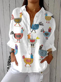 Women's Funny Vintage Chicken Art Print Casual Linen V-neck Shirt