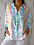 Women's Fashion Color Block Art Print Casual Linen V-neck Shirt