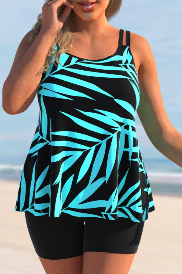 Plus Size Leaf Print Cyan Tankini Set