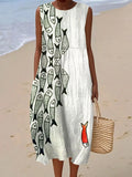 Women's Vintage Fish Art Print Sleeveless Cotton Pocket Wrap Dress