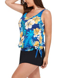 Yellow Flower Side Tie Blouson Tankini With Side Slit Swim Skirt