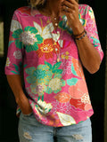 Women’s Vintage Floral Print Casual Half Sleeve Henley Cotton Top