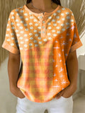 Retro Color-block Patchwork Print Loose-fit Cotton-linen Short-sleeve Shirt