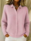 Women's Solid Color Shirt Collar Long Sleeve Waffle Knit Cardigan