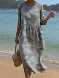 Women's Casual Round Neck Mid Sleeve Print Cotton and Linen Dress
