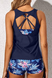 Blue Floral 3 Piece Tankini Swimsuits Swim Tank Top Bathing Suits with Boy Shorts and Bra