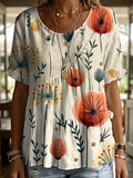Colorful Floral Decorative Pattern Women's Round Collar Short Sleeve Cotton Shirt
