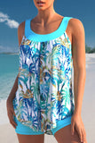 Tropical Print Cyan Wide Strap Tankini Set