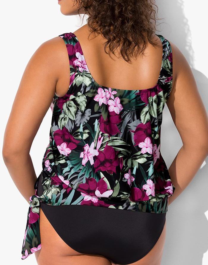 Wine Pink Flower Side Tie Blouson Tankini Set