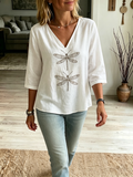 Boho Dragonfly-print Cozy V-neck Cotton-linen Shirt
