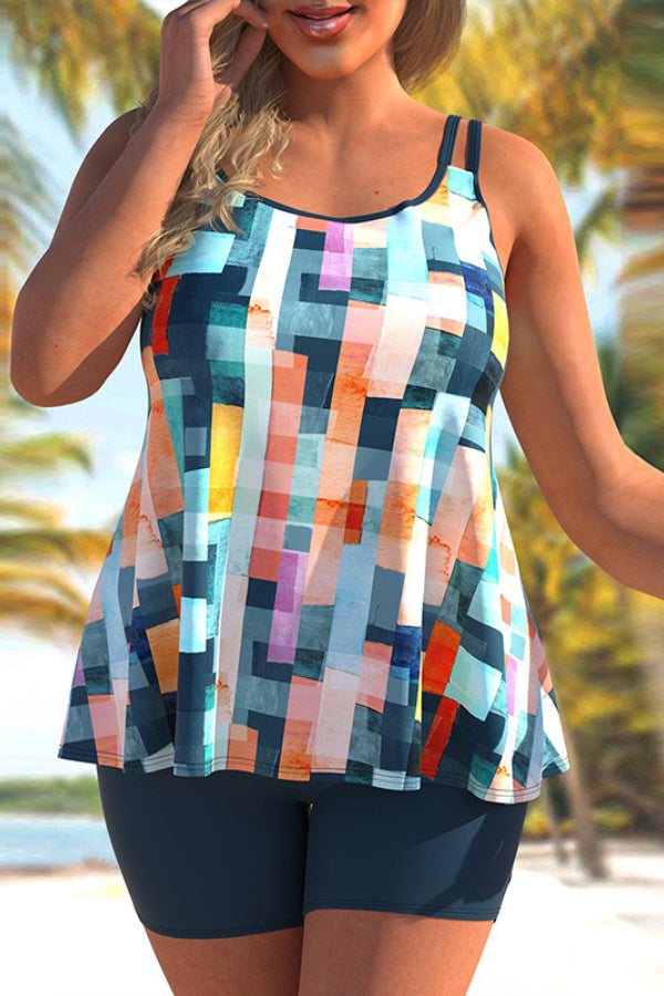 Plus Size Colorful Double Straps Tankini Set