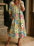 Women's Retro Floral Art Print Casual Stylish Cotton Linen Dress