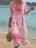 Bohemian Floral Print V-neck Cutout Waist Dress