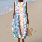 Women's Fashion Color Block Art Print Sleeveless Cotton Pocket Wrap Dress