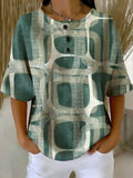 Women's Retro Geometry Print Casual Waffle-knit Top