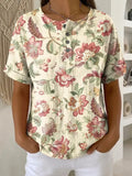Women's Flower Pattern Printed Cotton Linen Top