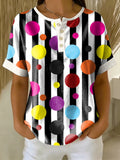 Retro Color-block Patchwork Print Loose-fit Cotton-linen Short-sleeve Shirt