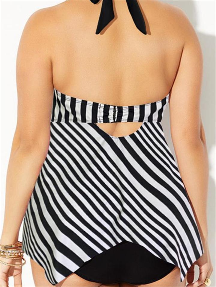 Black Geometric Stripes Print Handkerchief Halter Tankini Set