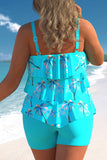 Coconut Tree Print Layered Hem Cyan Tankini Set