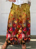Women's Retro Floral Art Print Linen Pocket Skirt