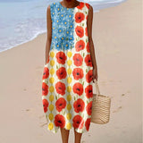 Women's Vintage Independence Day Flower Art Print Sleeveless Cotton Pocket Wrap Dress