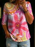 Women's Floral Pattern Art Print Casual Classic Henley Collar 100% Cotton T-shirt
