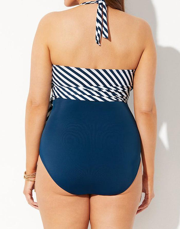 Navy Blue Stripes Faux Wrap Halter One Piece Swimsuit