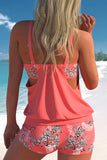 Plant Print Coral Red Blouson Tankini Set