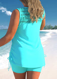 Plus Size Lace Stitching Cyan Tankini Set