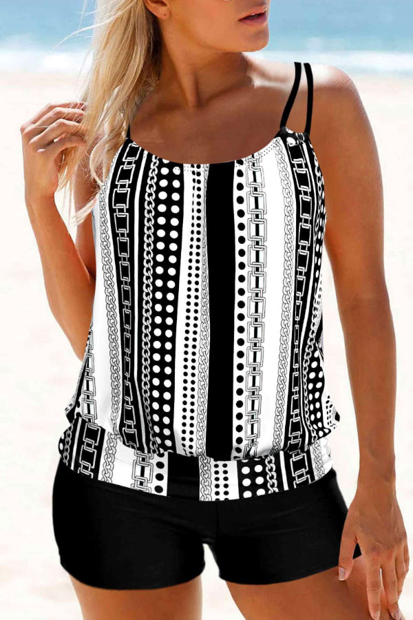 Plus Size Geometric Print Black Tankini Set