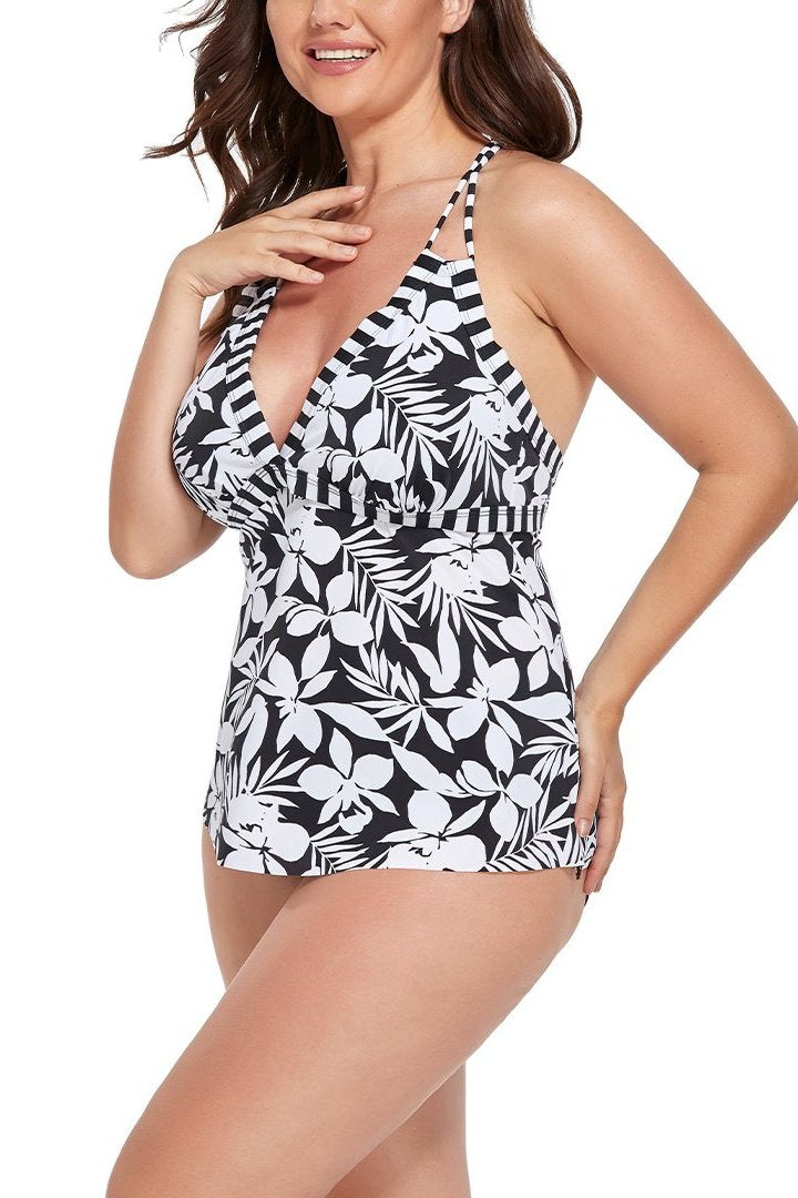 Black Flower V-neck Loop Strap Tankini Set