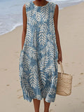 Women's Vintage Leaves Pattern Art Print Sleeveless Cotton Pocket Wrap Dress