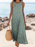 Women's Vintage Leaf Art Print Sleeveless Cotton Linen Comfy Tank Dress