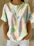 Retro Color-block Patchwork Print Loose-fit Cotton-linen Short-sleeve Shirt