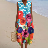 Women's Vintage Flower Art Print Sleeveless Cotton Pocket Wrap V Neck Dress