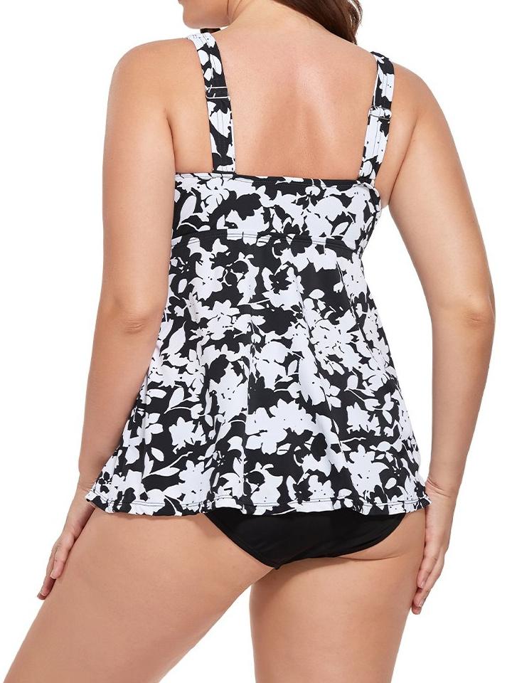 Black White Flower V-NECK Flowy Tankini Set