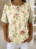 Women's Vintage Flower Pattern Printed Cotton Linen Top