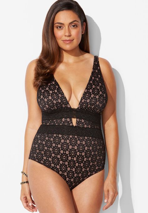 Black Sexy Lace Plunge One Piece Swimsuit
